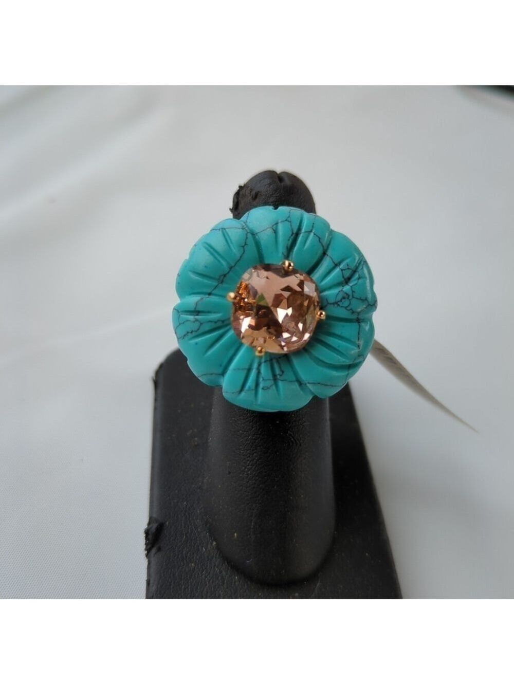 Anthropology 14k Gold Plated Floral Stone Ring Turquoise With Pink Crystal.  OS - Picture 5 of 7